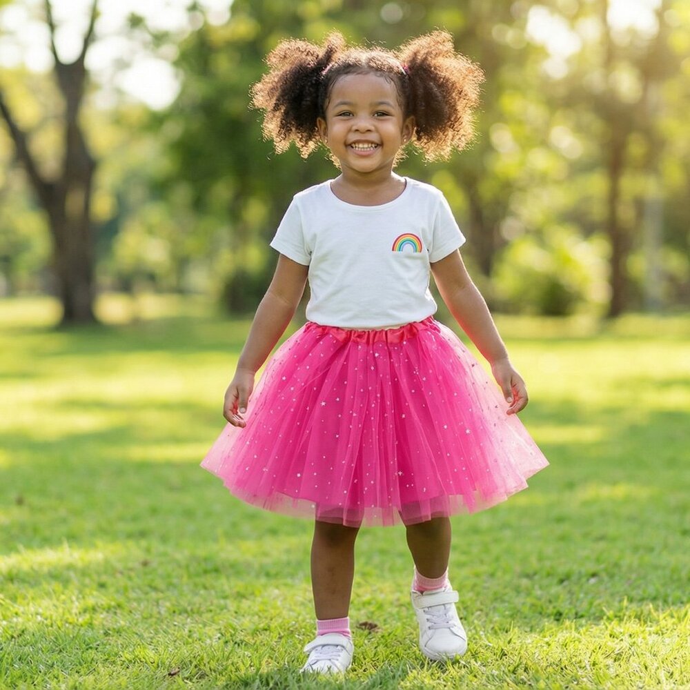 Girls Hot Pink Star Tulle Tutu Skirt | Sparkle Mesh Overlay | Party Birthday Dan